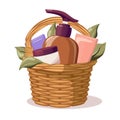 Wellness and spa still life concept, makeup in wicker basket Royalty Free Stock Photo